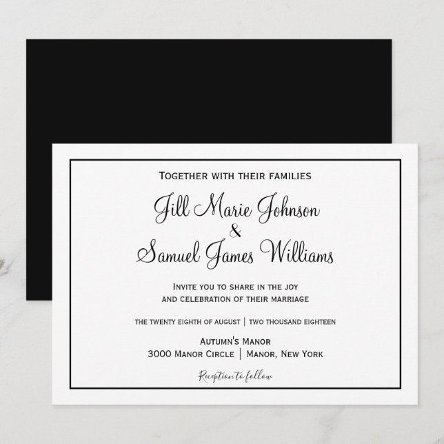 Invitación Elegancia en blanco y negro (Anverso / Reverso)