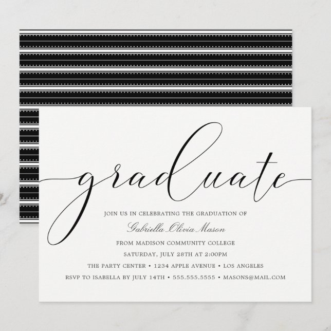 Invitación Elegancia en blanco y negro | Partido de Graduació (Anverso / Reverso)