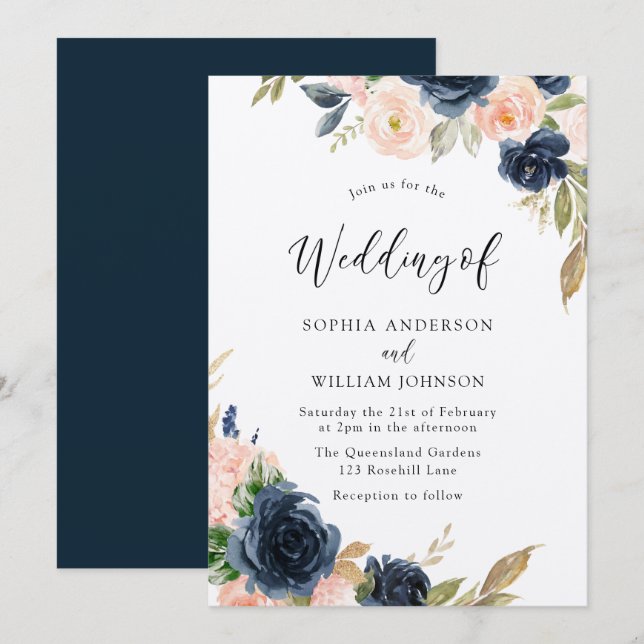 Invitación Elegancia en la Marina y Rubor: Hermoso Boda flora (Anverso / Reverso)