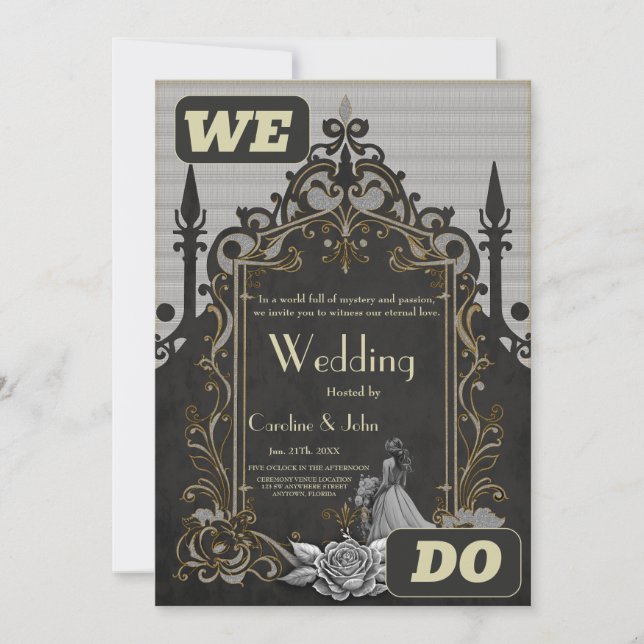 Invitación Elegancia en plata y negro. (Anverso)