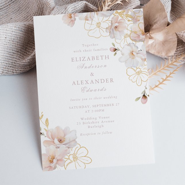 Invitación Elegancia encantada Boda Rubor & Gold Wildflower (Subido por el creador)