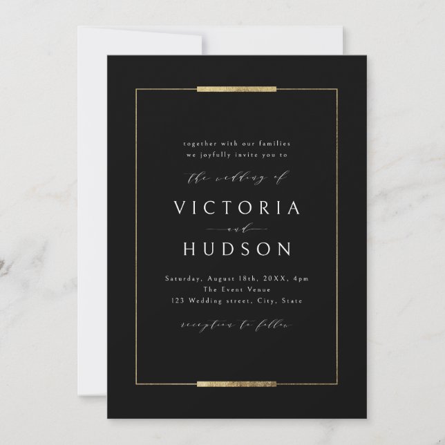 Invitación Elegancia enmarcada Boda negro simple y moderno (Anverso)