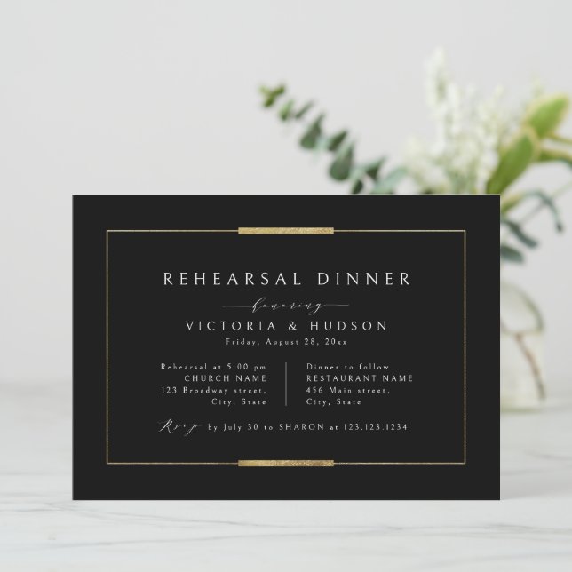 Invitación Elegancia enmarcada negro simple cena de ensayo (Anverso de pie)