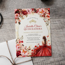 Elegancia Escarlata Oro Encantado Floral Quinceañe