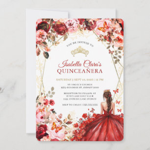 Invitación Elegancia Escarlata Oro Encantado Floral Quinceañe