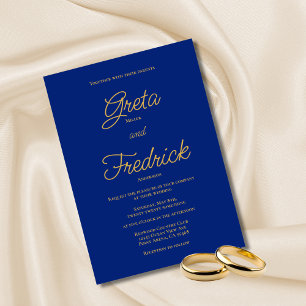 Invitación Elegancia eterna Boda del guión real azul dorado