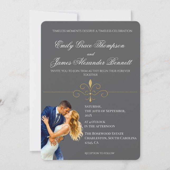 Invitación Elegancia eterna Boda Golden Romance Pareja (Anverso)