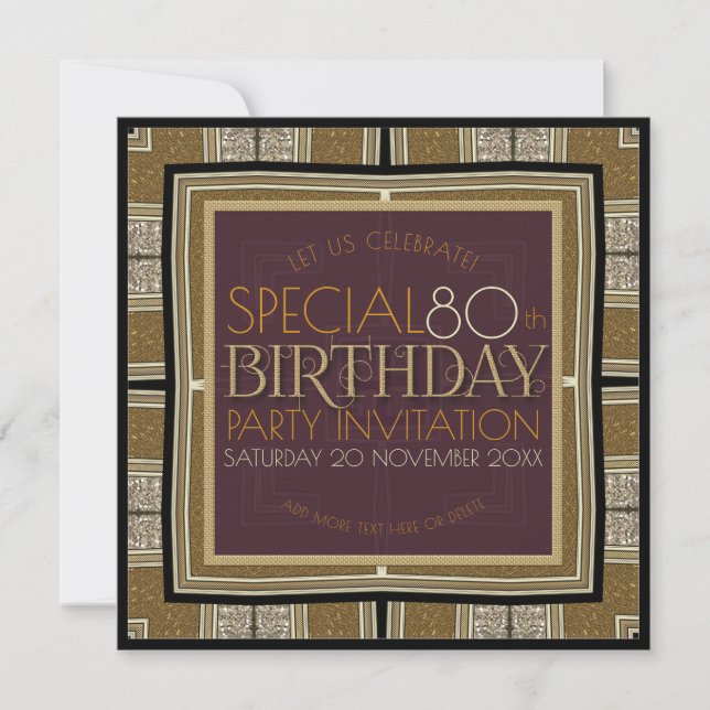 Invitación Elegancia eterna Deco de oro 80 cumpleaños plaza (Anverso)