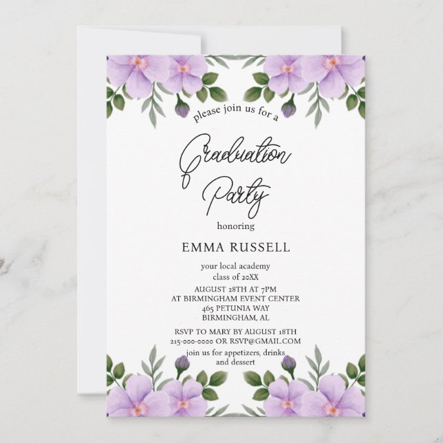 Invitación Elegancia Fiesta de Graduación Morada Floral Invit (Anverso)