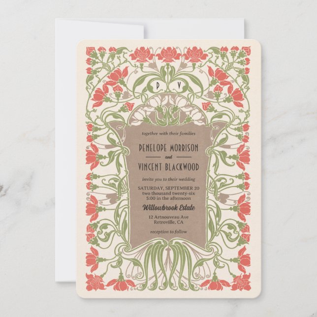 Invitación Elegancia floral Art Nouveau (Anverso)