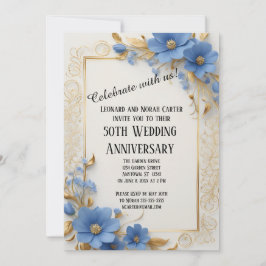 Invitación Elegancia floral azul y dorada 50º aniversario