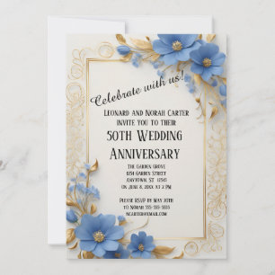 Invitación Elegancia floral azul y dorada 50º aniversario