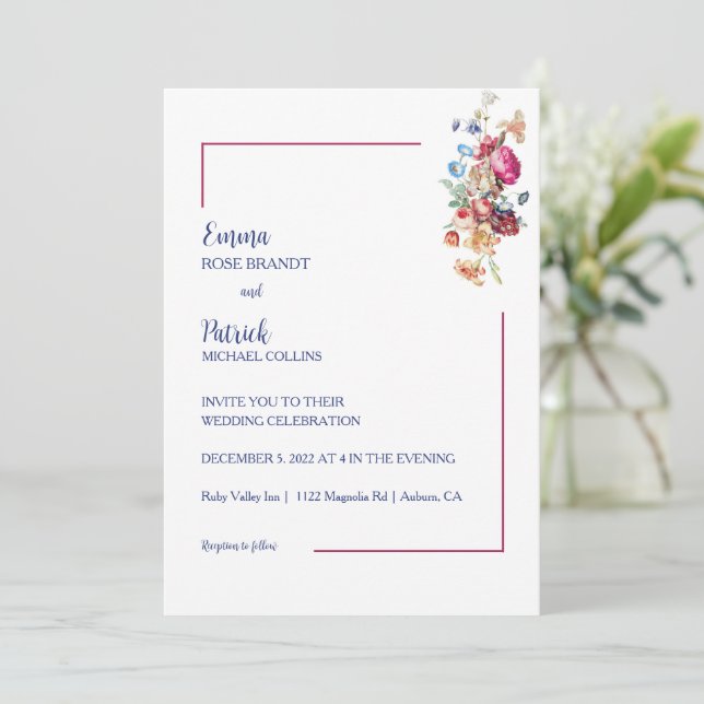 Invitación Elegancia Floral de Boda  (Anverso de pie)