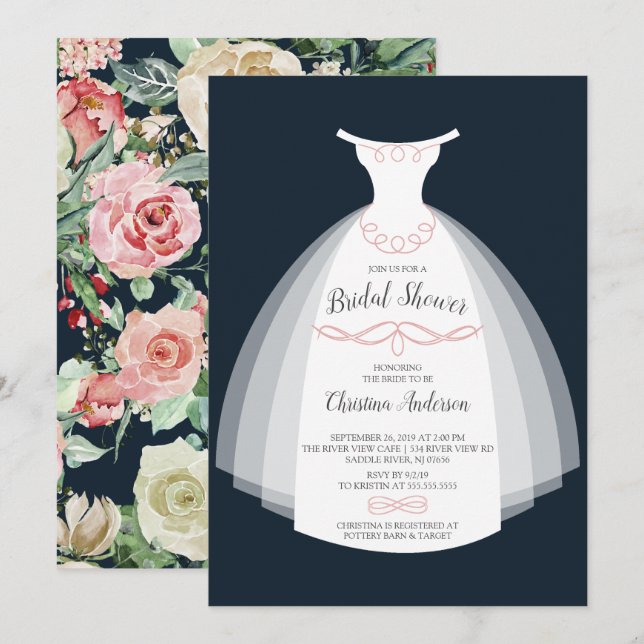 Invitación Elegancia floral de la Marina Ducha Bridal (Anverso / Reverso)