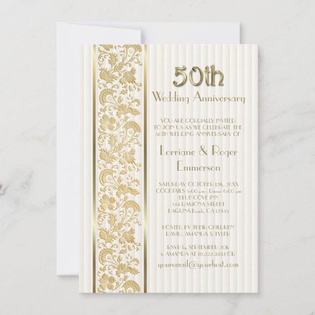 Invitación Elegancia floral de oro 50 aniversario Boda (Anverso)