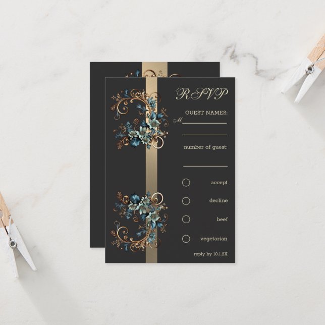 Invitación Elegancia floral dorada RSVP (Anverso/Reverso In Situ)