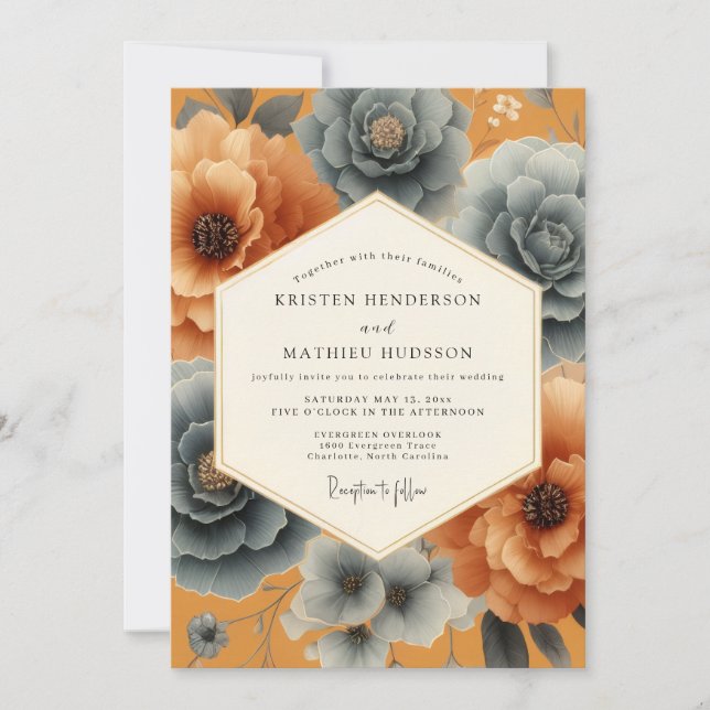 Invitación Elegancia floral ocre para boda (Anverso)
