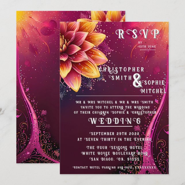 Invitación Elegancia floral radiante - Fiesta de bodas (Anverso / Reverso)