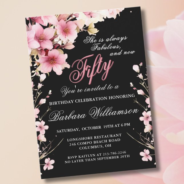 Invitación Elegancia floral rosa 50 y fiesta de cumpleaños de (Subido por el creador)