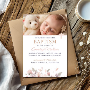 Invitación Elegancia floral rosa con foto y bautismo cruzado