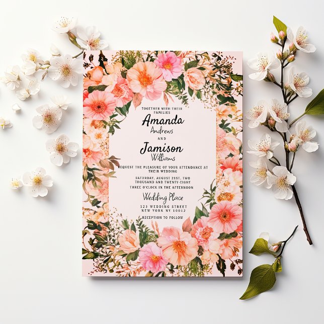 Invitación Elegancia floral rosa Jardín Boda de flores (Pink Floral Elegance Garden Blossoms Wedding )