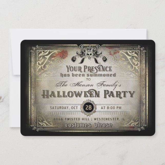 Invitación Elegancia gótica Halloween Fiesta Black & Gold Sku (Anverso)