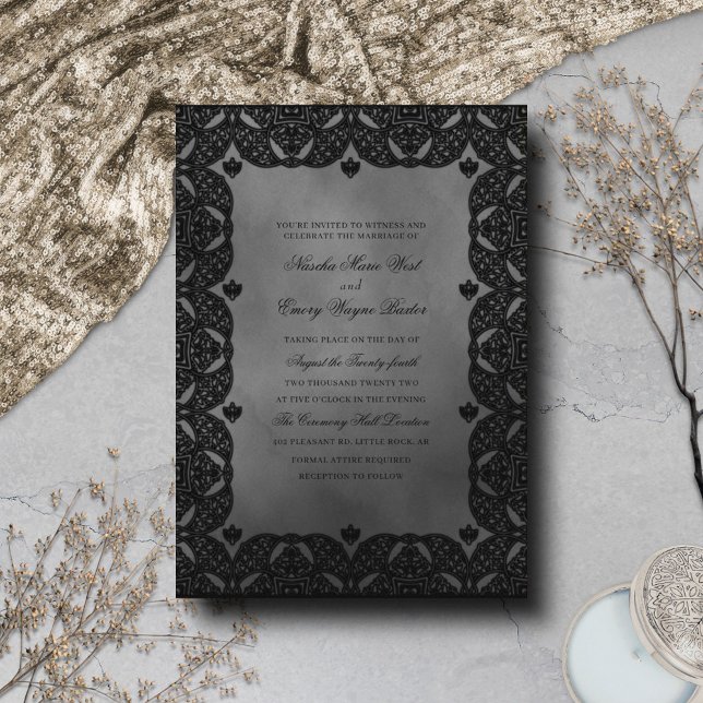 Invitación Elegancia gótica Monocromo Boda de encaje ornado (Subido por el creador)