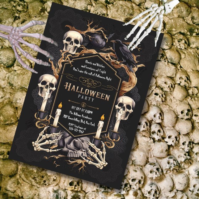 Invitación Elegancia gótica Skulls Raven Halloween Party (Gothic Halloween Party Invitation)