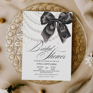 Invitación Elegancia Lazo Negro Perlas Ducha de Novia Acrílic