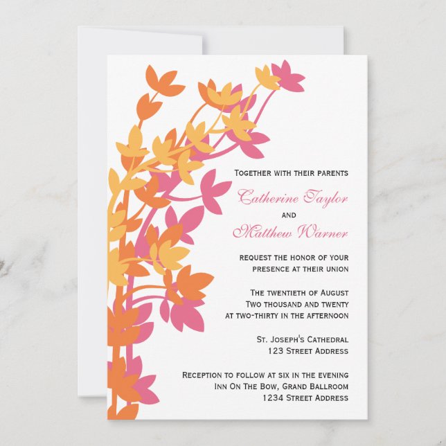 Invitación Elegancia Leafy En Boda Amarillo Naranja Rosa (Anverso)