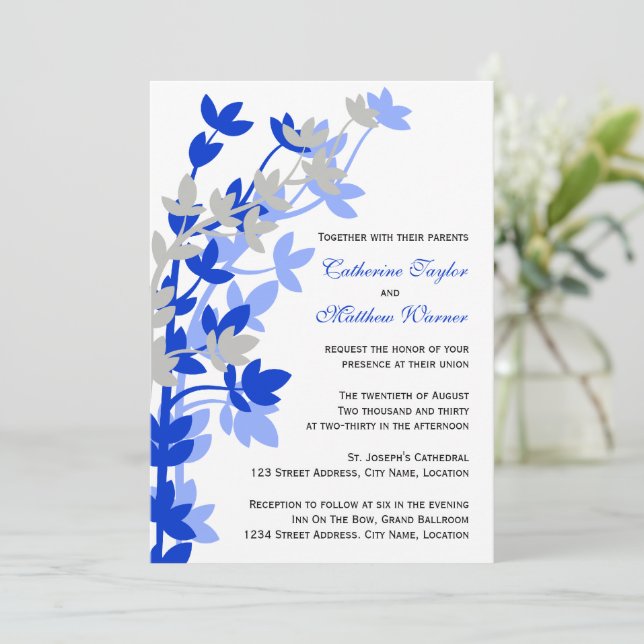 Invitación Elegancia Leafy En Boda De Plata Azul (Anverso de pie)