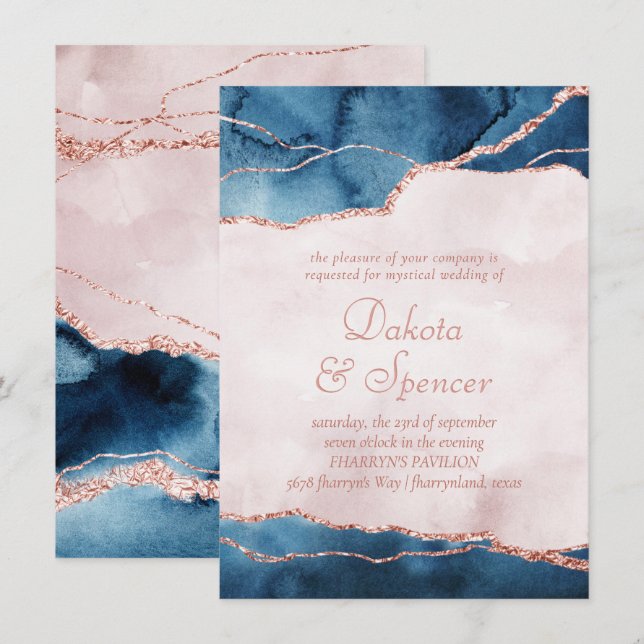 Invitación Elegancia mística | Boda de Piedra Rosa Azul Verde (Anverso / Reverso)