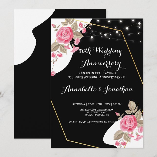 Invitación Elegancia moderna Aniversario de la flor rosada st (Anverso / Reverso)