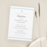 Invitación Elegancia moderna Boys bautismo<br><div class="desc">La clásica y elegante invitación al bautismo es una invitación moderna y limpia con rayas azul pastel y una cruz mínima con texto gris editable.</div>