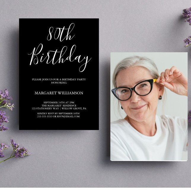 Invitación Elegancia moderna en blanco y negro 80 cumpleaños (Subido por el creador)