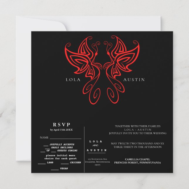 Invitación Elegancia moderna en blanco y negro Boda rojo todo (Anverso)