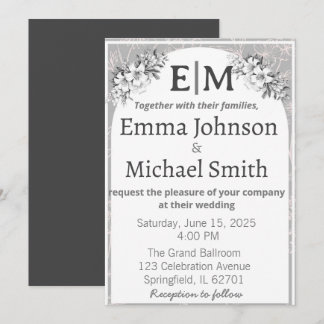 Invitación Elegancia moderna gris y blanco Arte de línea flor
