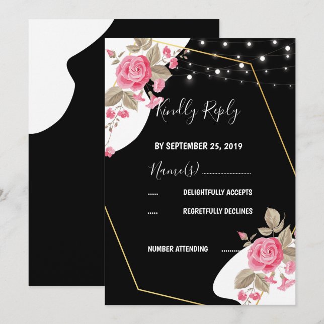 Invitación Elegancia moderna luz de cadena floral rosa RSVP (Anverso / Reverso)
