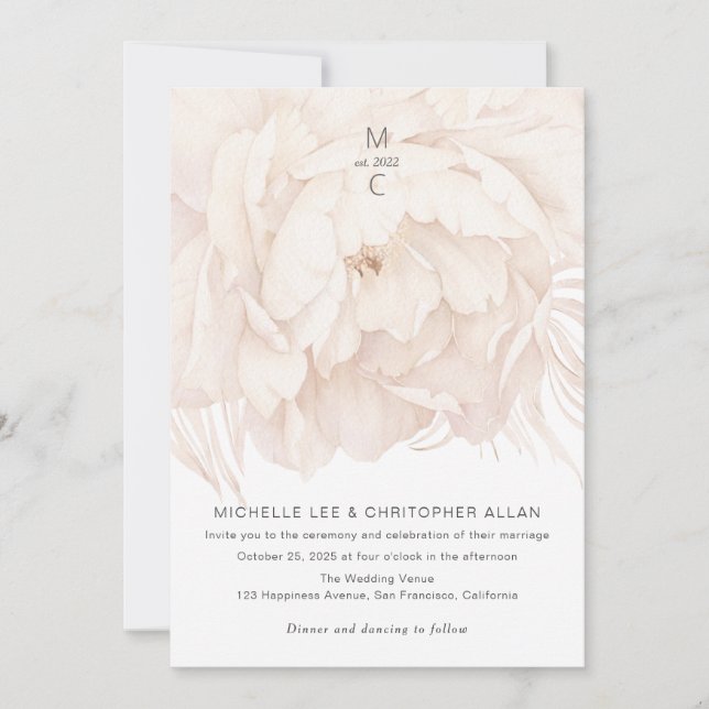 Invitación Elegancia moderna peonia en boda beige-jardín (Anverso)