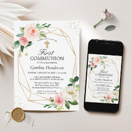 Invitación Elegancia moderna Primera Comunión Rubor Floral Ro