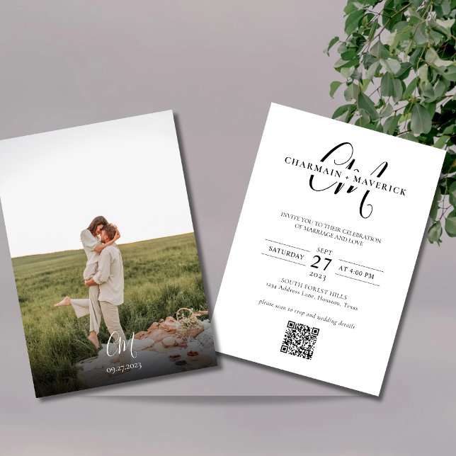 Invitación Elegancia Monograma Foto Boda de código Qr (Subido por el creador)