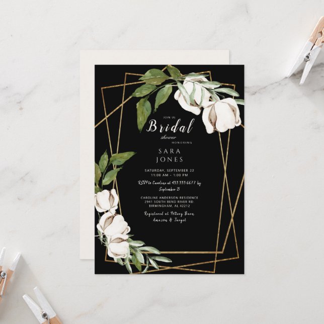 Invitación Elegancia Negra Foliage Bridal Shower (Anverso/Reverso In Situ)