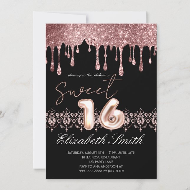 Invitación Elegancia negra, Rosa de golosinas Dulce (Anverso)