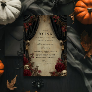Invitación Elegancia Oscura Calavera y Cortina de Halloween
