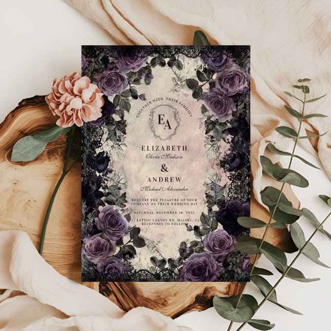 Invitación Elegancia oscura con Rosas morados y encaje (Subido por el creador)