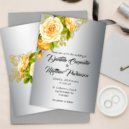 Invitación Elegancia plateada: Boda Rosas dorados