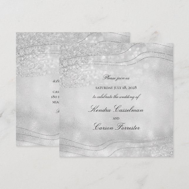 Invitación Elegancia plateada Sparkling Boda cuadrado moderno (Anverso / Reverso)