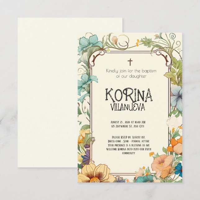 Invitación Elegancia pura: bautismo floral simple crema y ver (Anverso / Reverso)