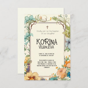Invitación Elegancia pura: bautismo floral simple crema y ver