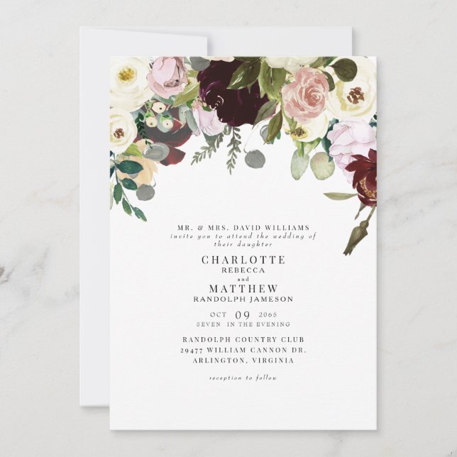 Invitación Elegancia Rosa agitado y Boda floral borgoña (Anverso)